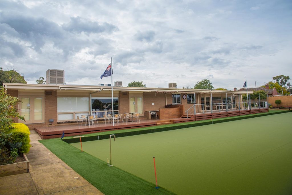 Victoria Bowling Club view of clubhouse over the synthetic green